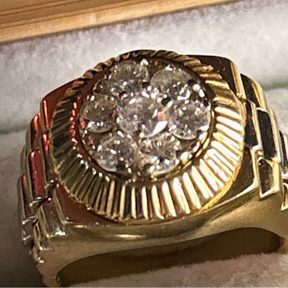 Yellow Gold Diamond Ring Rolex Style 14 K Real Gold With 7 Brilliant Diamond Cut